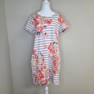 Joules Striped Floral Linen Blend Pocket Dress Purple White Pink Size 12